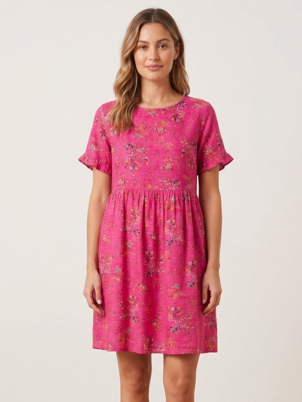 NWT | Hot Pink Floral Ruffle Sleeve Babydoll Mini Dress with Pockets Size Large